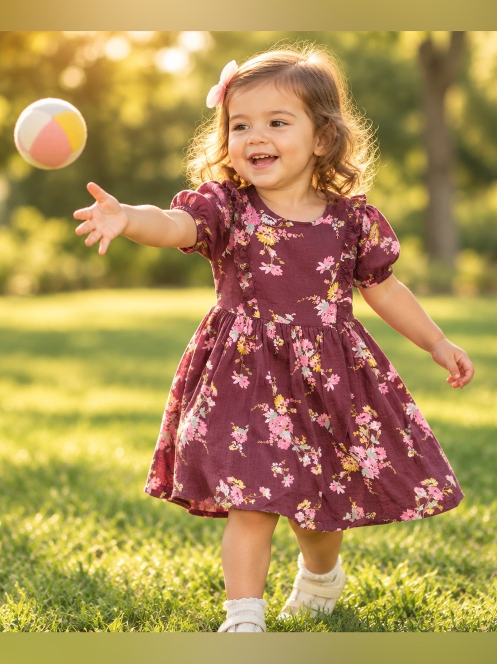 OshKosh B'gosh Girls Dress 2T Burgundy Pink Floral Puff Sleeve Lined 100% Cotton